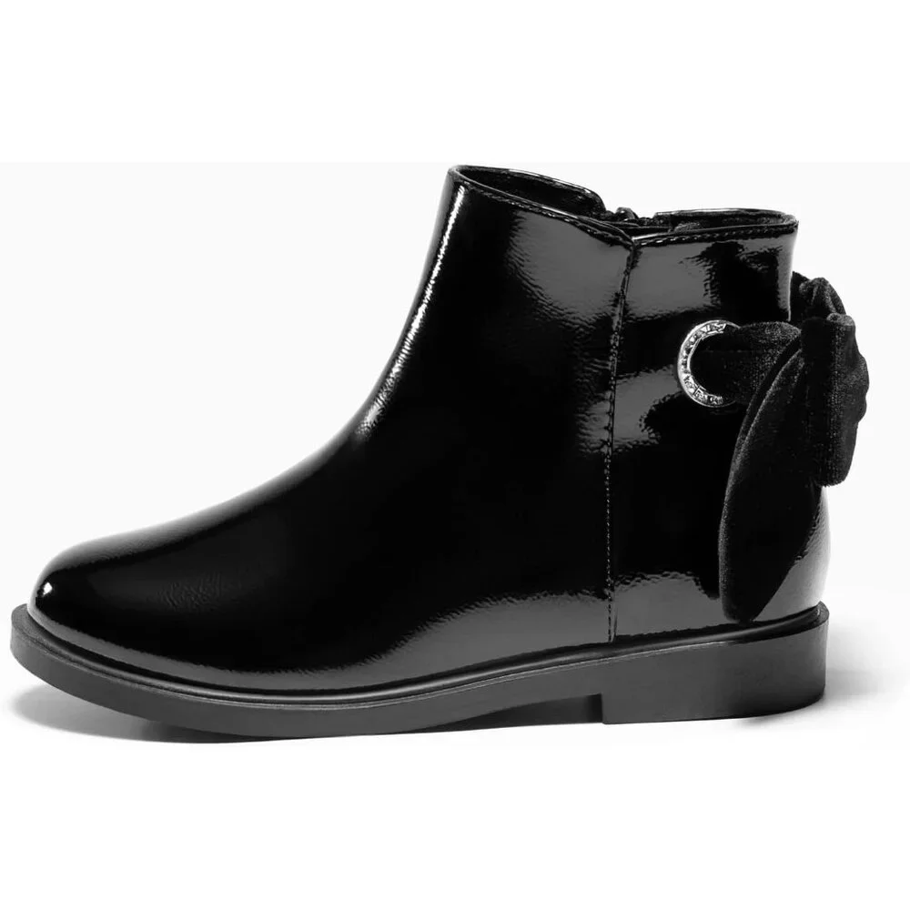 🆕Girls Black Faux Leather Ankle Kids Bow Chunky Low Heel Side Zipper Dress Boot